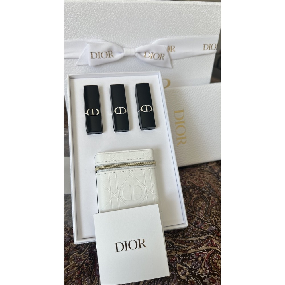 Dior Beauty Rouge 3 Travel Lipsticks & Mini Cannage Lipstick Holder White w/ Box